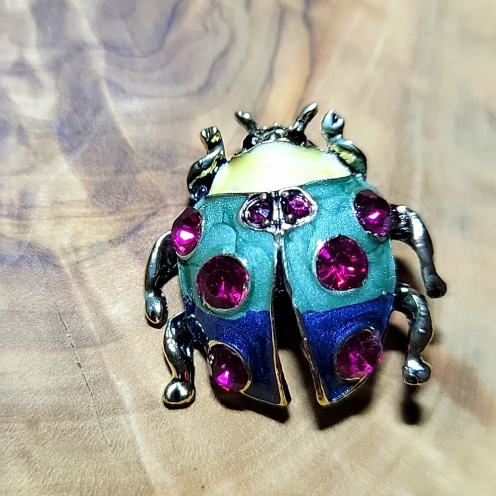NEW 🐞 Rainbow Colored Beatle Lady Bug Womens Pin Brooch Red Rhinstone Gold Tone